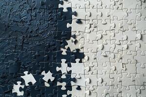 Scattered White Puzzle Pieces on Plain Background with . photo
