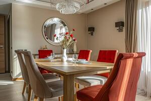 Modern Dining Room with Wooden Table. photo