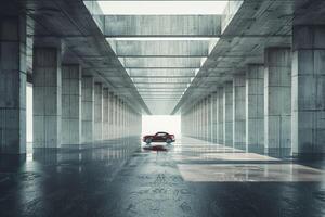 Red Car in Modern Concrete Structure with . photo