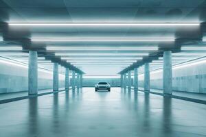 Red Car in Modern Concrete Structure with . photo