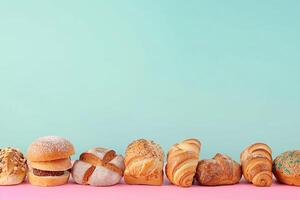 Assorted Fresh Pastries on Blue Background with . photo