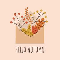 Hello autumn. Envelope with autumn leaves. Minimalistic hand drawn postcard. illustration. vector