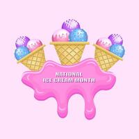 National Ice Cream Month. Realistic ice cream in pink and blue colors. Poster, banner, greeting card. illustration. vector