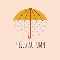 Hello autumn. Umbrella with raindrops in the shape of hearts. Minimalistic hand drawn postcard. illustration. vector