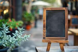 Empty Chalkboard Sign Outside Cafe with . photo