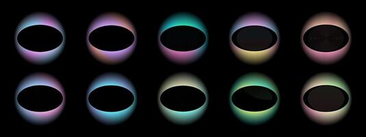 Set of oval gradient with blur frames on black background. Collection of glowing neon colors with aura round frames for websites, user interfaces. illustration. vector
