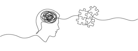 Head of a man with confused thoughts in his head going into assembled puzzles drawn by one continuous line. Concept of mental health, education, psychology. editable line illustration vector