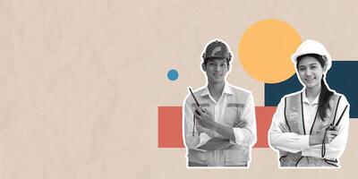 Collage Photo Concept of Engineer and Architect with Walkie Talkies in Construction Gear on Abstract Background
