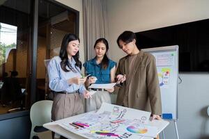 ux developer and ui designer presenting mobile app interface design on whiteboard in meeting at office. Creative digital development mobile app agency. digital transformation photo