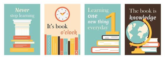 Set Banners with books, quotes. Architectural column, stack of textbooks, teaching and education. Clock, bookshelf. Golden unit and encyclopedias. Globe, literature. Hobby reading. illustration vector