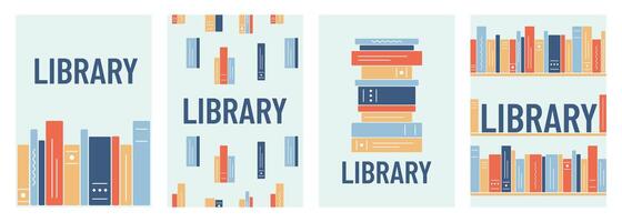 Set Banners Library and Books. Bookshelves, bookcase. Word and stack of Literature. Seamless pattern from groups of Textbooks. Collection for social networks. Knowledge, education. illustration vector