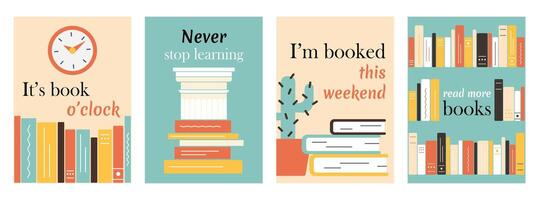 Set Banners with books, quotes. Clock, bookshelf. Architectural column, stack of textbooks, learning and education. Cactus in pot, literature, house plant. Library. Hobby reading. illustration vector