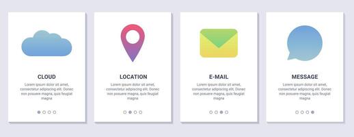 Set of banners with technology icons - cloud, location, email and message. Mobile application advantages. Tag, pin. Envelope or letter. Bubble chat. Interface. Gradient colors. illustration vector