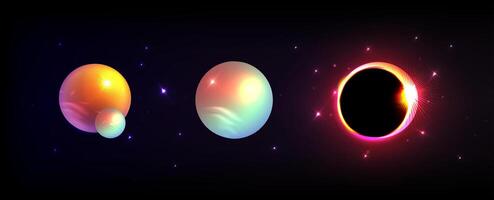 3d set planet. Solar eclipse, moon phase. Bright isolated celestial bodies on a dark background . Starry cosmic sky vector