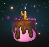 Pink 3d cake with chocolate and with a candle in the shape of the number 4. Girl celebration card template. Valentine or birthday dessert vector