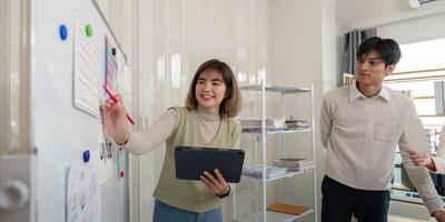 Creative UX Developer and UI Designer Brainstorming Ideas on Whiteboard in Modern Office Setting photo