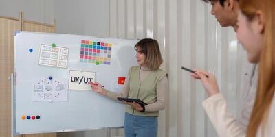 Creative UX Developer and UI Designer Brainstorming Session in Modern Office with Whiteboard and Digital Tools photo