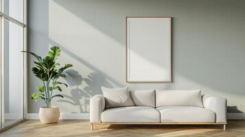 A white couch sits in front of a large window with a potted plant in the corner photo