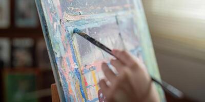 Artist Painting in Workshop. Close Up of Hand with Brush Creating Colorful Artwork on Canvas in Studio Setting. Creative Process and Artistic Expression in Action photo