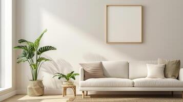 A white couch sits in front of a large window with a potted plant in the corner photo