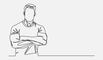 Continuous single line drawing of male with big muscle, bodybuilder with crossed arms. Editable stroke. Graphic illustration. vector