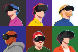 Set of man avatar character portrait using virtual reality headset. Isolated background. Neon Light. Flat illustration. vector