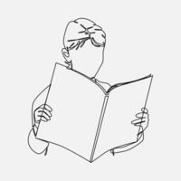 Continuous one line drawing of little girl reading book. Editable line. Graphic illustration. vector