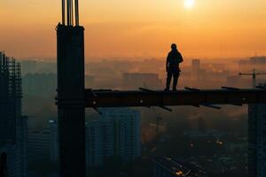 A construction worker standing silhouetted against the skyline photo