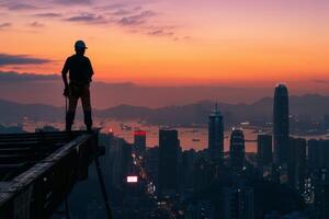 A construction worker standing silhouetted against the skyline photo