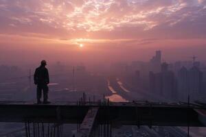 A construction worker standing silhouetted against the skyline photo