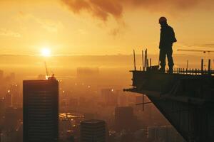 A construction worker standing silhouetted against the skyline photo