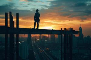 A construction worker standing silhouetted against the skyline photo