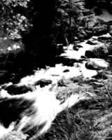 Waterfall and the mountain river background. Waterscape natural environment black and white photo background