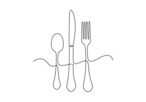 Spoon fork and knife continuous one line drawing premium illustration vector