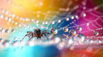 Spider in Dewy Web with Colorful Background photo