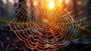 Sunlit Spider Web with Dewdrops in Forest photo