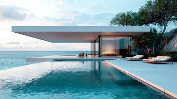 Modern house with ocean view pool. Generative by AI photo