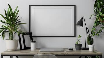 Modern Desk Setup With Laptop, Plants, and Frame. Generative-AI photo