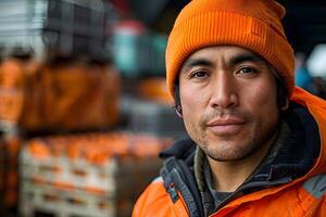 Man in Orange Jacket and Beanie. Generative by AI photo