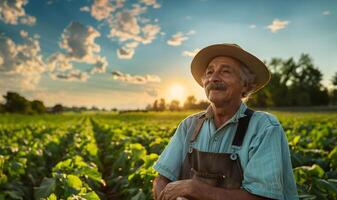 Man in hat inspecting field. Generative by AI photo