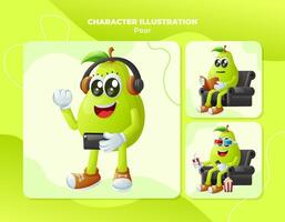 Cute pear characters enjoying leisure activities vector
