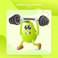 Cute pear character lifting weights vector