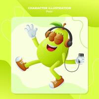 Cute pear character listening to music vector