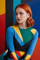Fashion model with bright orange hair in a colorful geometric dress against an abstract background photo
