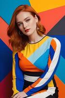 Fashion model with bright orange hair in a colorful geometric dress against an abstract background photo