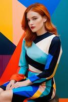 Fashion model with bright orange hair in a colorful geometric dress against an abstract background photo