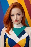 Fashion model with bright orange hair in a colorful geometric dress against an abstract background photo