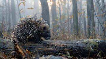 Porcupine on Fallen Log in Misty Forest photo