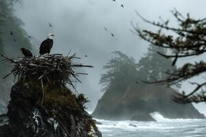 Bald Eagles Nesting on Rainy Coastal Cliff photo