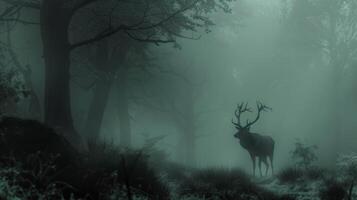 A deer stands in a forest with foggy air photo